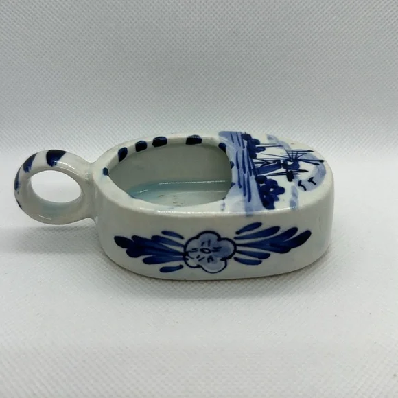 🫟3/$25🫟 Vintage Blue Delft nappy candle holder with windmills and floral design. - Picture 3 of 6